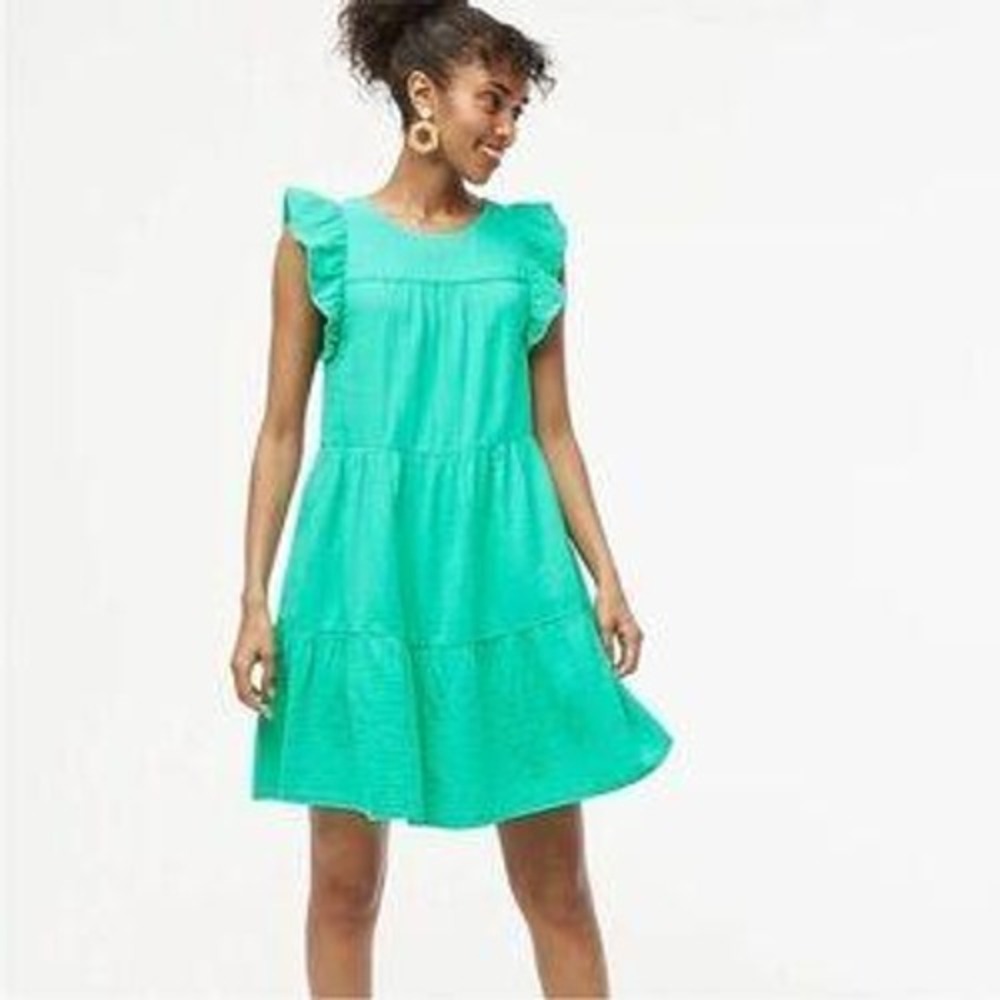 J.Crew Tiered Dress Women 8 Green Excellent Ruffle Sleeve Cotton Gauze Mini